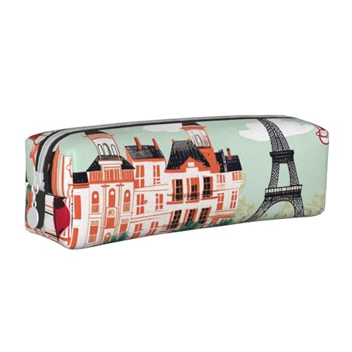 JKSEEPYN Cityscape Paris Eiffelturm Frankreich bedrucktes Leder-Federmäppchen mit Reißverschluss, minimalistisches, ultradünnes Design, Schul-Bleistifttasche, Kosmetiktasche, weiß, Einheitsgröße, von JKSEEPYN