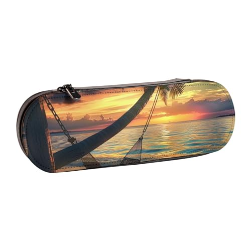 JKSEEPYN Coconut Beach Sunset Hammock Bedrucktes Hartschalen-Federmäppchen und Make-up-Tasche, stilvoller Organizer für Schule, Büro und Reisen, Schwarz , Einheitsgröße, Schulranzen von JKSEEPYN