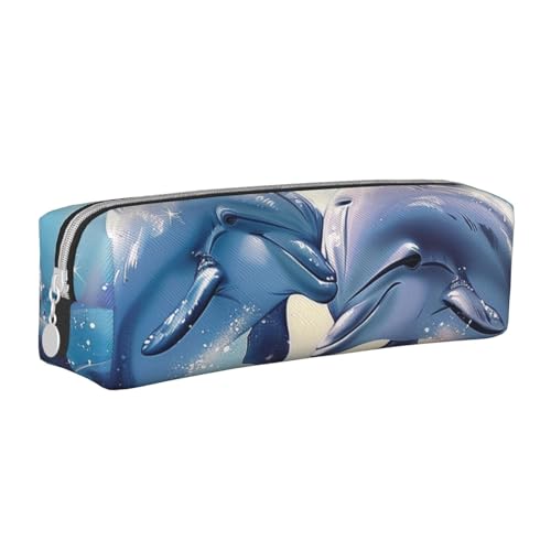 JKSEEPYN Delphins in Love Federmäppchen aus Leder, bedruckt, minimalistisch, ultradünn, für Schule, Kosmetiktasche, 1 Stück, weiß, Einheitsgröße, Taschen-Organizer von JKSEEPYN