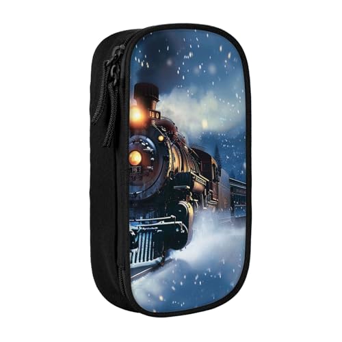 JKSEEPYN Doppellagiges Federmäppchen für den Winter, Weihnachten, Schnee, Nacht, Eisenbahn, Zug, schwarz, großes Fassungsvermögen, niedliches Stifteetui für Schule, Büro, Reisen oder von JKSEEPYN
