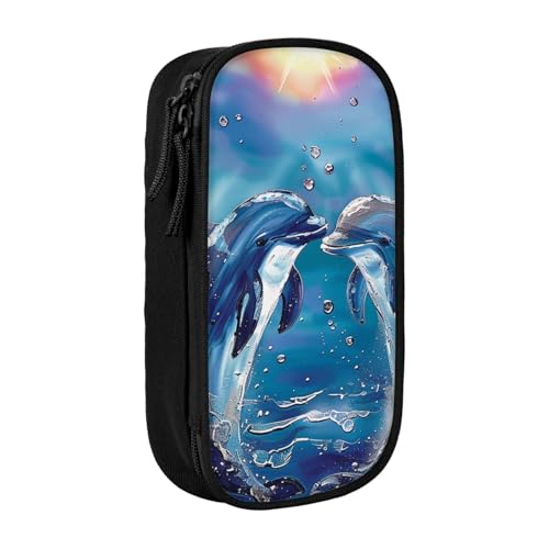 JKSEEPYN Doppelschichtiges Federmäppchen mit Delfinen in Love, schwarz, großes Fassungsvermögen, niedliches Stifteetui für Schule, Büro, Reisen oder Make-up-Organizer, Schwarz , Einheitsgröße, von JKSEEPYN