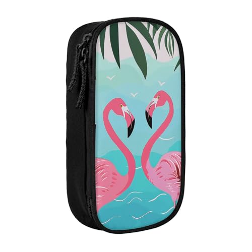 JKSEEPYN Doppelschichtiges Federmäppchen mit Palmblatt- und Flamingo-Muster, schwarz, großes Fassungsvermögen, niedliches Stifteetui für Schule, Büro, Reisen oder Make-up-Organizer, Schwarz , von JKSEEPYN