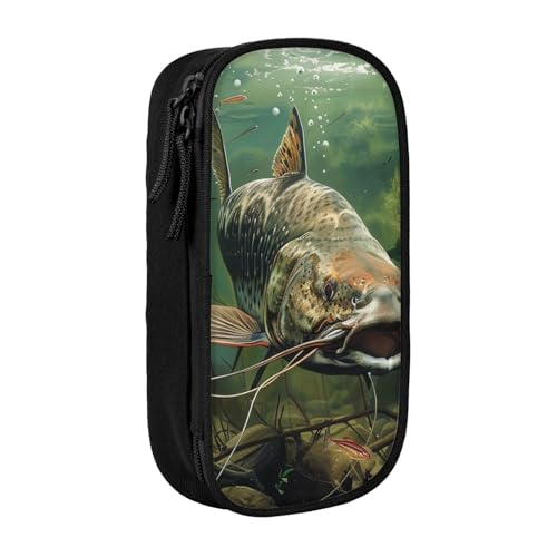 JKSEEPYN Doppelschichtiges Federmäppchen mit Wels-Motiv, schwarz, großes Fassungsvermögen, niedliches Stifteetui für Schule, Büro, Reisen oder Make-up-Organizer, Schwarz , Einheitsgröße, Schulranzen von JKSEEPYN