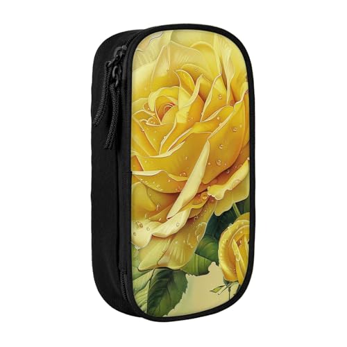 JKSEEPYN Doppelschichtiges Federmäppchen mit gelbem Rosenmuster, schwarzes großes Fassungsvermögen, niedliches Federmäppchen für Schule, Büro, Reisen oder Make-up-Organizer, Schwarz , Einheitsgröße, von JKSEEPYN