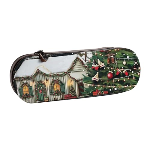 JKSEEPYN Farmhouse Federmäppchen und Make-up-Tasche mit Weihnachtsmotiv, bedrucktes Hartschalenleder, stilvoller Organizer für Schule, Büro und Reisen, Schwarz , Einheitsgröße, Schulranzen von JKSEEPYN