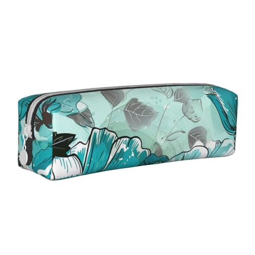 JKSEEPYN Federmäppchen aus Leder, mit Reißverschluss, minimalistisch, ultradünn, Türkis / Blaugrün mit Blumenmuster, weiß, Einheitsgröße, Taschen-Organizer von JKSEEPYN