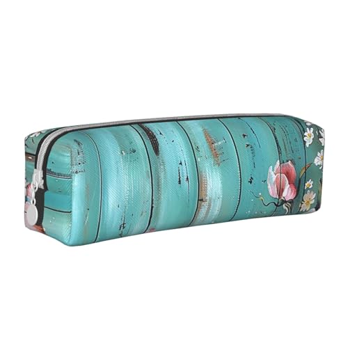 JKSEEPYN Federmäppchen aus Leder, mit Scheunentür, Blumenmuster, Reißverschluss, minimalistisch, ultradünn, Blaugrün, weiß, Einheitsgröße, Taschen-Organizer von JKSEEPYN