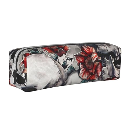 JKSEEPYN Federmäppchen aus Leder mit Totenkopf- und Blumendruck, mit Reißverschluss, minimalistisch, ultradünn, für die Schule, Kosmetiktasche, weiß, Einheitsgröße, Taschen-Organizer von JKSEEPYN