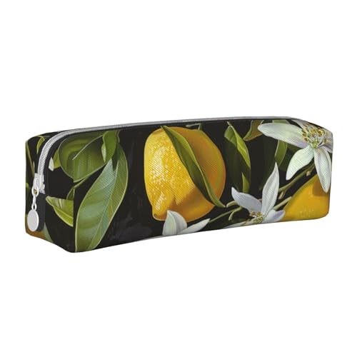 JKSEEPYN Federmäppchen aus Leder mit Zitronen- und Blumenmuster, bedruckt, minimalistisch, ultradünn, für die Schule, Kosmetiktasche, weiß, Einheitsgröße, Taschen-Organizer von JKSEEPYN