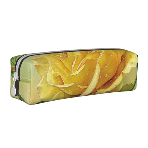 JKSEEPYN Federmäppchen aus Leder mit gelbem Rosen-Motiv, bedruckt, minimalistisch, ultradünn, für die Schule, Kosmetiktasche, weiß, Einheitsgröße, Taschen-Organizer von JKSEEPYN