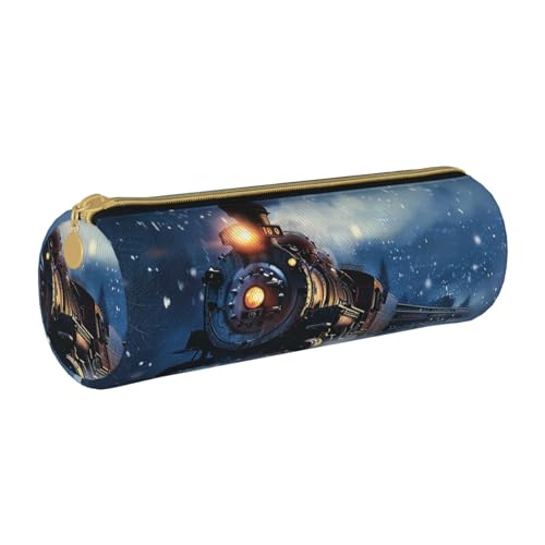 JKSEEPYN Federmäppchen aus Leder mit traditionellem Weihnachtszwerg für Studenten, Mädchen, Jungen, rund, Schreibwaren, Organizer, Make-up-Tasche für Schule, Büro, Reisen, Winter Weihnachten Schnee von JKSEEPYN