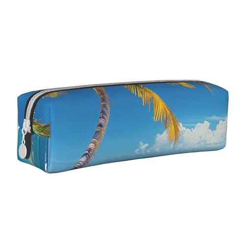 JKSEEPYN Federmäppchen aus bedrucktem Leder mit Strandpalmenstühlen, Booten, für Studenten, Mädchen, Jungen, einfacher Schreibwaren-Organizer, Make-up-Tasche für Schule, Büro, Reisen, weiß von JKSEEPYN