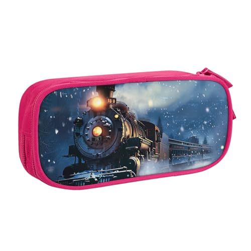 JKSEEPYN Federmäppchen für den Winter, Weihnachten, Schnee, Nacht, Eisenbahn, Zug, bedruckt, schwarz, Make-up-Organizer, doppellagige Reißverschlusstasche mit Stiftfächern und Taschen für Büro, Reisen von JKSEEPYN