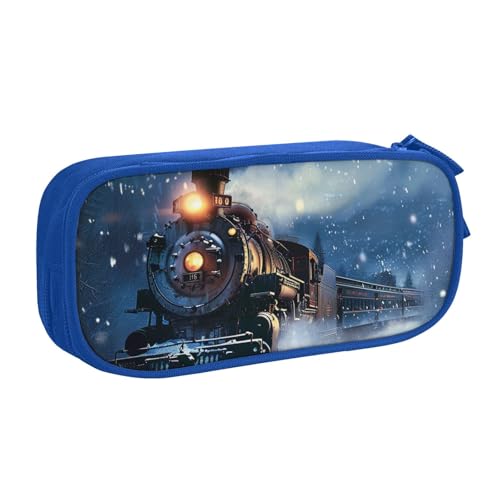 JKSEEPYN Federmäppchen für den Winter, Weihnachten, Schnee, Nacht, Eisenbahn, Zug, bedruckt, schwarz, Make-up-Organizer, doppellagige Reißverschlusstasche mit Stiftfächern und Taschen für Büro, Reisen von JKSEEPYN