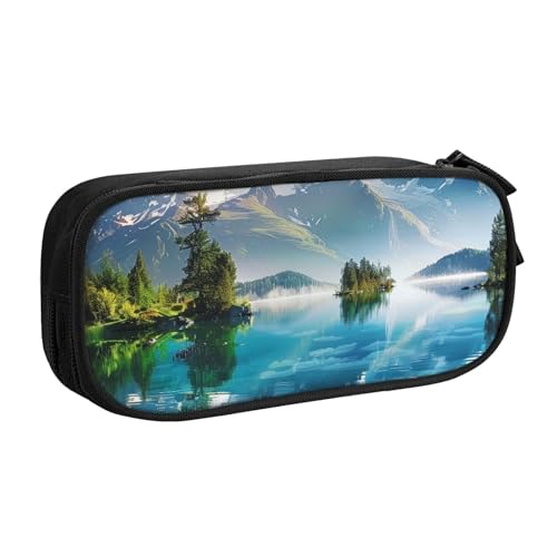 JKSEEPYN Federmäppchen mit Blick auf den Berg und See, bedruckt, Motiv: Sonnentag, Natur, schwarz, Make-up-Organizer, doppellagige Reißverschlusstasche mit Stiftfächern und Taschen für Büro, Reisen von JKSEEPYN