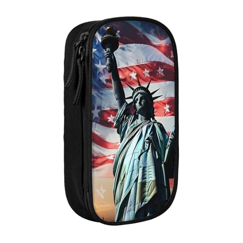 JKSEEPYN Federmäppchen mit Freiheitsstatue-Flagge, bedruckt, doppellagig, schwarz, großes Fassungsvermögen, niedliches Stifteetui für Schule, Büro, Reisen oder Make-up-Organizer, Schwarz , von JKSEEPYN