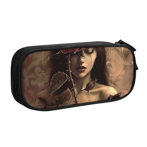 JKSEEPYN Federmäppchen mit Gothic-Rosen-Motiv, schwarz, Make-up-Organizer, doppellagige Reißverschlusstasche mit Stiftfächern und Taschen, für Büro, Reisen oder Schule, Schwarz , Einheitsgröße, von JKSEEPYN