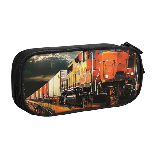 JKSEEPYN Federmäppchen mit Güterzug-Motiv, schwarz, Make-up-Organizer, doppellagige Reißverschlusstasche mit Stiftfächern und Taschen für Büro, Reisen oder Schule, Schwarz , Einheitsgröße, Schulranzen von JKSEEPYN