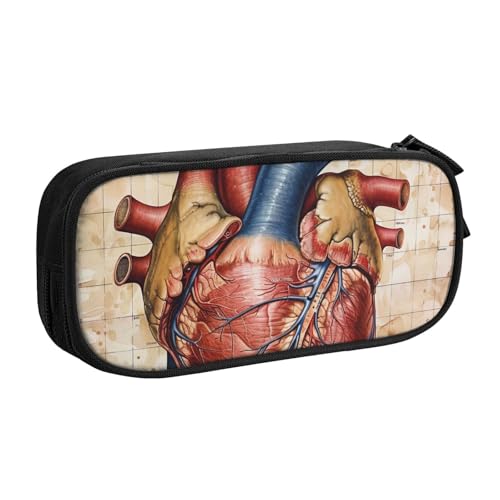 JKSEEPYN Federmäppchen mit Herzdiagramm und Aufschrift "Human Anatomy", schwarz, Make-up-Organizer, doppellagige Reißverschlusstasche mit Stiftfächern und Taschen, für Büro, Reisen oder Schule, von JKSEEPYN
