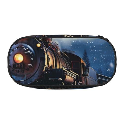 JKSEEPYN Federmäppchen mit Reißverschluss, Motiv: Winter, Weihnachten, Schnee, Nacht, Eisenbahn, Zug, bedrucktes Federmäppchen und Reise-Make-up-Tasche, lustiges Federmäppchen für Schule, Büro, von JKSEEPYN