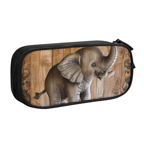 JKSEEPYN Federmäppchen mit Sonnenblumen-Elefantenmotiv, Holzboden, schwarz, Make-up-Organizer, doppellagige Reißverschlusstasche mit Stiftfächern und Taschen für Büro, Reisen oder Schule, Schwarz , von JKSEEPYN