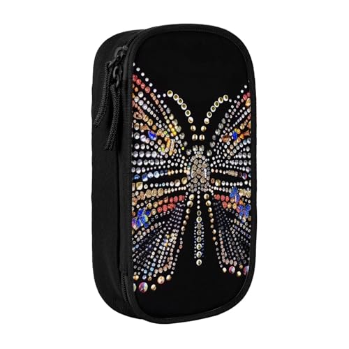 JKSEEPYN Federmäppchen mit Strasssteinen, Schmetterling-Aufdruck, doppellagig, schwarz, großes Fassungsvermögen, niedliches Stifteetui für Schule, Büro, Reisen oder Make-up-Organizer, Schwarz , von JKSEEPYN