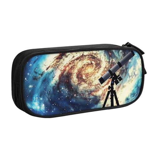JKSEEPYN Federmäppchen mit Teleskop- und Weltraum-Galaxie-Motiv, schwarz, Make-up-Organizer, doppellagige Reißverschlusstasche mit Stiftfächern und Taschen für Büro, Reisen oder Schule, Schwarz , von JKSEEPYN