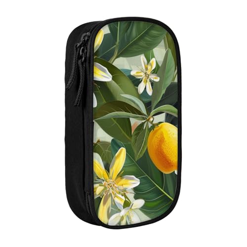 JKSEEPYN Federmäppchen mit gelbem Zitronenblüten-Druck, doppellagig, schwarz, großes Fassungsvermögen, niedliches Stifteetui für Schule, Büro, Reisen oder Make-up-Organizer, Schwarz , Einheitsgröße, von JKSEEPYN