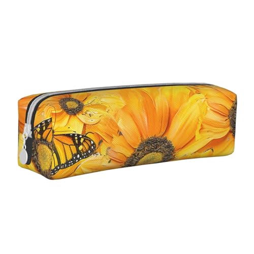 JKSEEPYN Federmäppchen mit gelben Blumen und Schmetterlingen, bedrucktes Leder-Federmäppchen, minimalistisches, ultradünnes Design, Schul-Bleistifttasche, Kosmetiktasche, weiß, Einheitsgröße, von JKSEEPYN