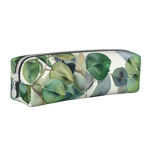 JKSEEPYN Federmäppchen mit grünem Eukalyptusblättern, bedrucktes Leder-Federmäppchen, minimalistisches, ultradünnes Design, Schul-Bleistifttasche, Kosmetiktasche, weiß, Einheitsgröße, von JKSEEPYN