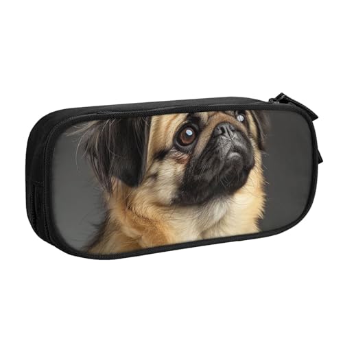 JKSEEPYN Federmäppchen mit niedlichem Mops-Motiv, schwarz, Make-up-Organizer, doppellagige Reißverschlusstasche mit Stiftfächern und Taschen für Büro, Reisen oder Schule, Schwarz , Einheitsgröße, von JKSEEPYN