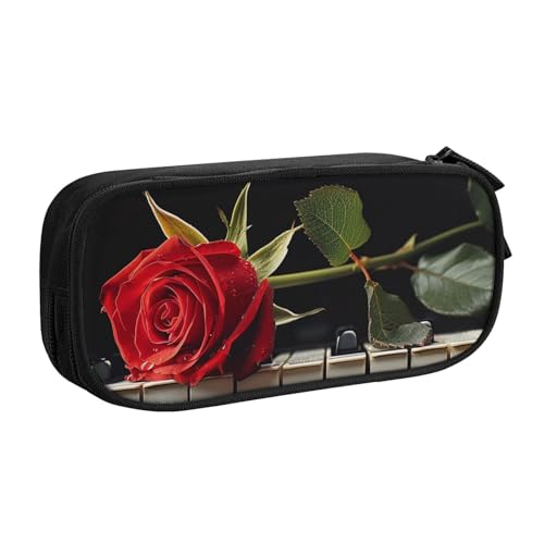JKSEEPYN Federmäppchen mit roter Rose auf Klavier, schwarz, Make-up-Organizer, doppellagige Reißverschlusstasche mit Stiftfächern und Taschen für Büro, Reisen oder Schule, Schwarz , Einheitsgröße, von JKSEEPYN