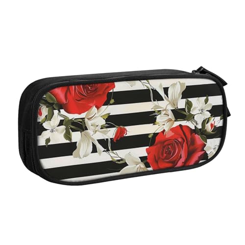 JKSEEPYN Federmäppchen mit schwarz-weißen Streifen, roten Rosen und Blumen, schwarz, Make-up-Organizer, doppellagige Reißverschlusstasche mit Stiftfächern und Taschen für Büro, Reisen oder Schule, von JKSEEPYN
