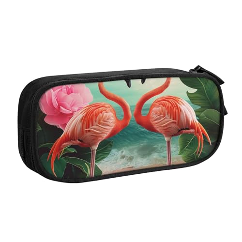 JKSEEPYN Federmäppchen mit zwei Flamingos, schwarz, Make-up-Organizer, doppellagige Reißverschlusstasche mit Stiftfächern und Taschen für Büro, Reisen oder Schule, Schwarz , Einheitsgröße, Schulranzen von JKSEEPYN