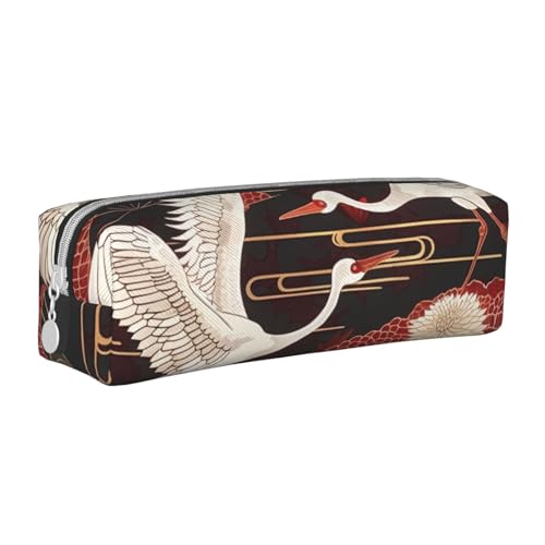 JKSEEPYN Federmäppchen mit zwei Kranichen und Chrysanthemen, bedrucktes Leder-Federmäppchen mit Reißverschluss, minimalistisches, ultradünnes Design, Schul-Bleistifttasche, Kosmetiktasche, weiß, von JKSEEPYN