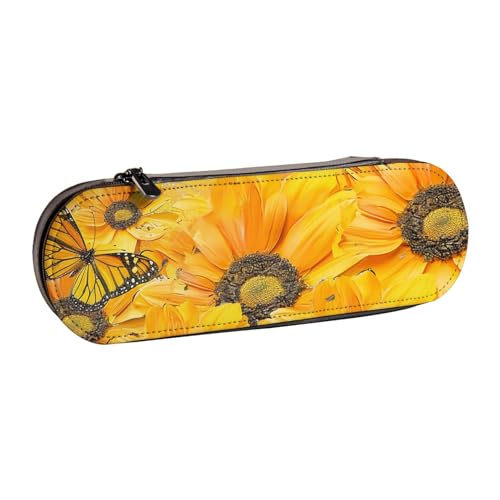 JKSEEPYN Federmäppchen und Make-up-Tasche, Leder, Motiv: gelbe Blumen und Schmetterlinge, stilvoller Organizer für Schule, Büro und Reisen, Schwarz , Einheitsgröße, Schulranzen von JKSEEPYN