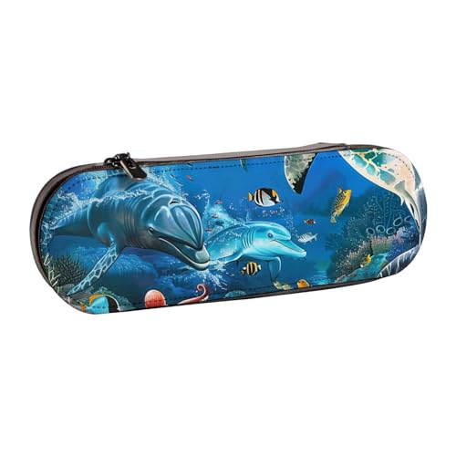 JKSEEPYN Federmäppchen und Make-up-Tasche, Motiv: Delfine, Meeresschildkröte, Korallenriff, bedrucktes Hartschalenetui aus Leder, stilvoller Organizer für Schule, Büro und Reisen, Schwarz , von JKSEEPYN