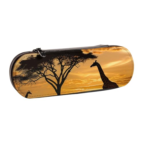 JKSEEPYN Federmäppchen und Make-up-Tasche, Motiv: Giraffe und Bäume bei Dämmerung in Afrika, bedrucktes Hartschalenetui aus Leder, stilvoller Organizer für Schule, Büro und Reisen, Schwarz , von JKSEEPYN