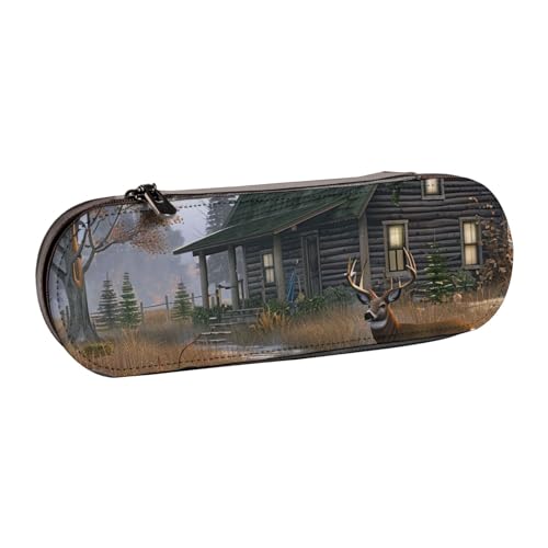 JKSEEPYN Federmäppchen und Make-up-Tasche, Motiv: Hirschjagd, bedrucktes Hartschalen-Leder-Federmäppchen und Make-up-Tasche, stilvoller Organizer für Schule, Büro und Reisen, Schwarz , Einheitsgröße, von JKSEEPYN