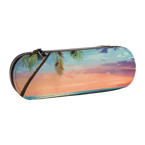 JKSEEPYN Federmäppchen und Make-up-Tasche, Motiv: Kokospalme, Sandstrand 1, bedrucktes Hartschalenetui aus Leder, stilvoller Organizer für Schule, Büro und Reisen, Schwarz , Einheitsgröße, Schulranzen von JKSEEPYN