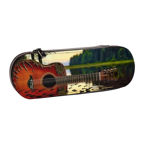 JKSEEPYN Federmäppchen und Make-up-Tasche, Motiv: Lake Guitar Reflection bedruckt, Hartschale, Leder, stilvoller Organizer für Schule, Büro und Reisen, Schwarz , Einheitsgröße, Schulranzen von JKSEEPYN
