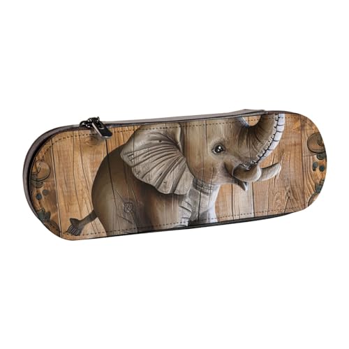 JKSEEPYN Federmäppchen und Make-up-Tasche, Motiv: Sonnenblumen-Elefant, Holzboden, bedruckt, Hartschale, Leder, stilvoller Organizer für Schule, Büro und Reisen, Schwarz , Einheitsgröße, Schulranzen von JKSEEPYN