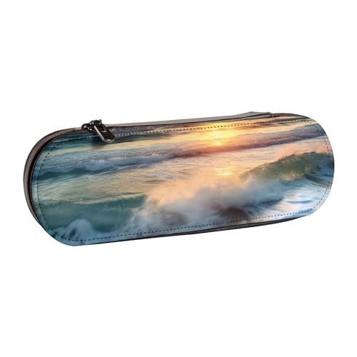 JKSEEPYN Federmäppchen und Make-up-Tasche, Motiv: Strand, Sonnenuntergang, Ozean, bedruckt, Hartschale, Leder, stilvoller Organizer für Schule, Büro und Reisen, Schwarz , Einheitsgröße, Schulranzen von JKSEEPYN
