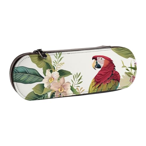 JKSEEPYN Federmäppchen und Make-up-Tasche, Motiv: tropische Blumenblätter, Papageien, bedruckt, Hartschale, Leder, stilvoller Organizer für Schule, Büro und Reisen, Schwarz , Einheitsgröße, von JKSEEPYN