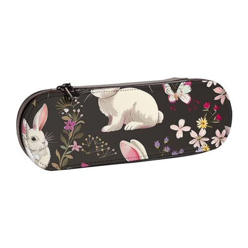 JKSEEPYN Federmäppchen und Make-up-Tasche aus Leder, Motiv: Festival Bunny mit Blumenmuster, stilvoller Organizer für Schule, Büro und Reisen, Schwarz , Einheitsgröße, Schulranzen von JKSEEPYN