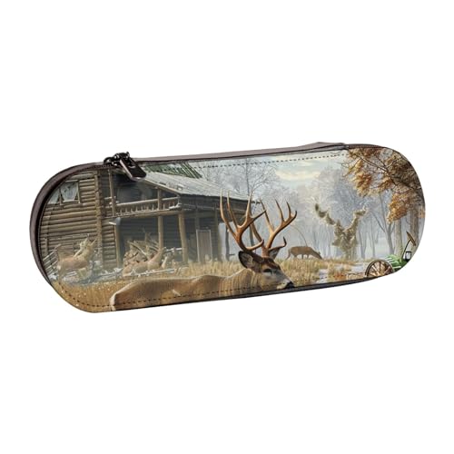 JKSEEPYN Federmäppchen und Make-up-Tasche aus Leder, Motiv: Hirschjagd, bedruckt, für Schule, Büro und Reisen, Schwarz , Einheitsgröße, Schulranzen von JKSEEPYN