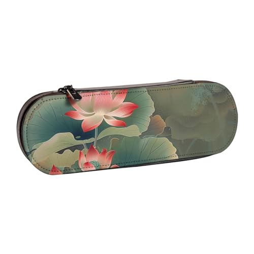 JKSEEPYN Federmäppchen und Make-up-Tasche aus Leder, Motiv: Lotusblume und Libelle, stilvoller Organizer für Schule, Büro und Reisen, Schwarz , Einheitsgröße, Schulranzen von JKSEEPYN