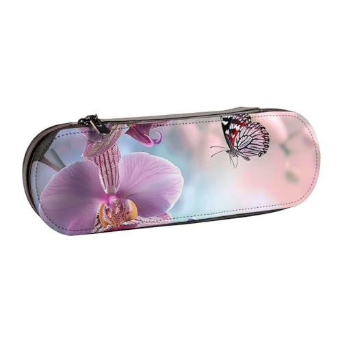 JKSEEPYN Federmäppchen und Make-up-Tasche aus Leder, Motiv: Orchidee, Blume, Schmetterling, weich, frühlingshaft, bedruckt, stilvoller Organizer für Schule, Büro und Reisen, Schwarz , Einheitsgröße, von JKSEEPYN