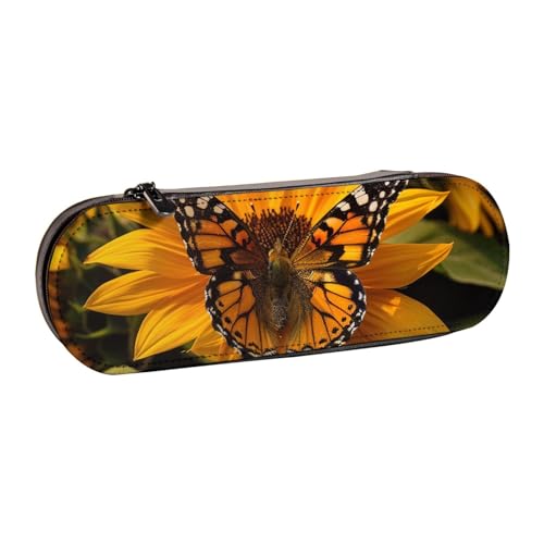 JKSEEPYN Federmäppchen und Make-up-Tasche aus Leder, Motiv: Sonnenblume und Schmetterling, bedruckt, stilvoller Organizer für Schule, Büro und Reisen, Schwarz , Einheitsgröße, Schulranzen von JKSEEPYN
