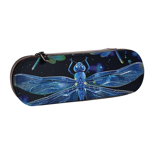 JKSEEPYN Federmäppchen und Make-up-Tasche aus Leder, Motiv: blaue Libellen, stilvoller Organizer für Schule, Büro und Reisen, Schwarz , Einheitsgröße, Schulranzen von JKSEEPYN